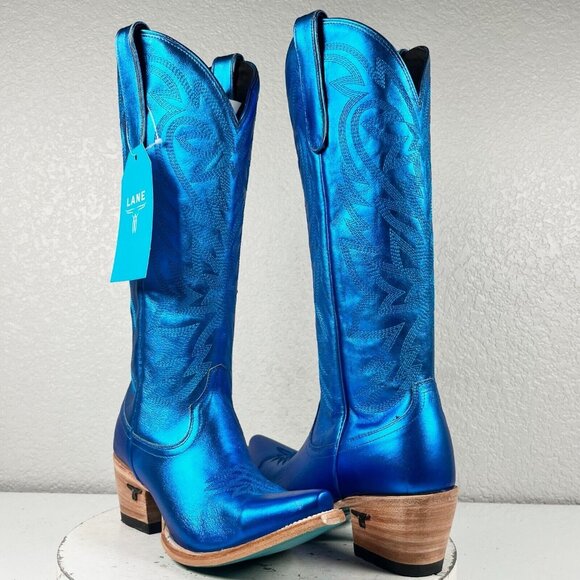 NEW Lane SMOKESHOW Womens Blue Cowboy Boots 7 Leather Western Snip Toe 15" Tall - Picture 10 of 10
